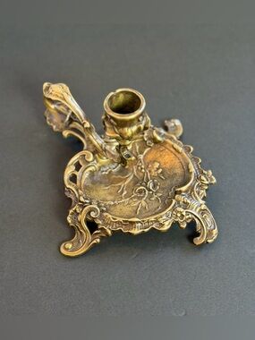 Antique French Brass Rococo Chamberstick Candle Holder Louis XV Ring Handle